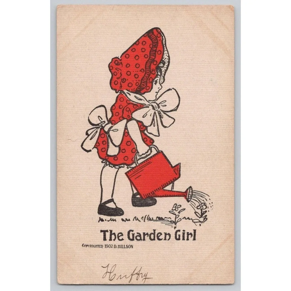 Linen Comics The Garden Girl D. Hillson Art Red Bonnet Series 100 1911‎ POSTCARD